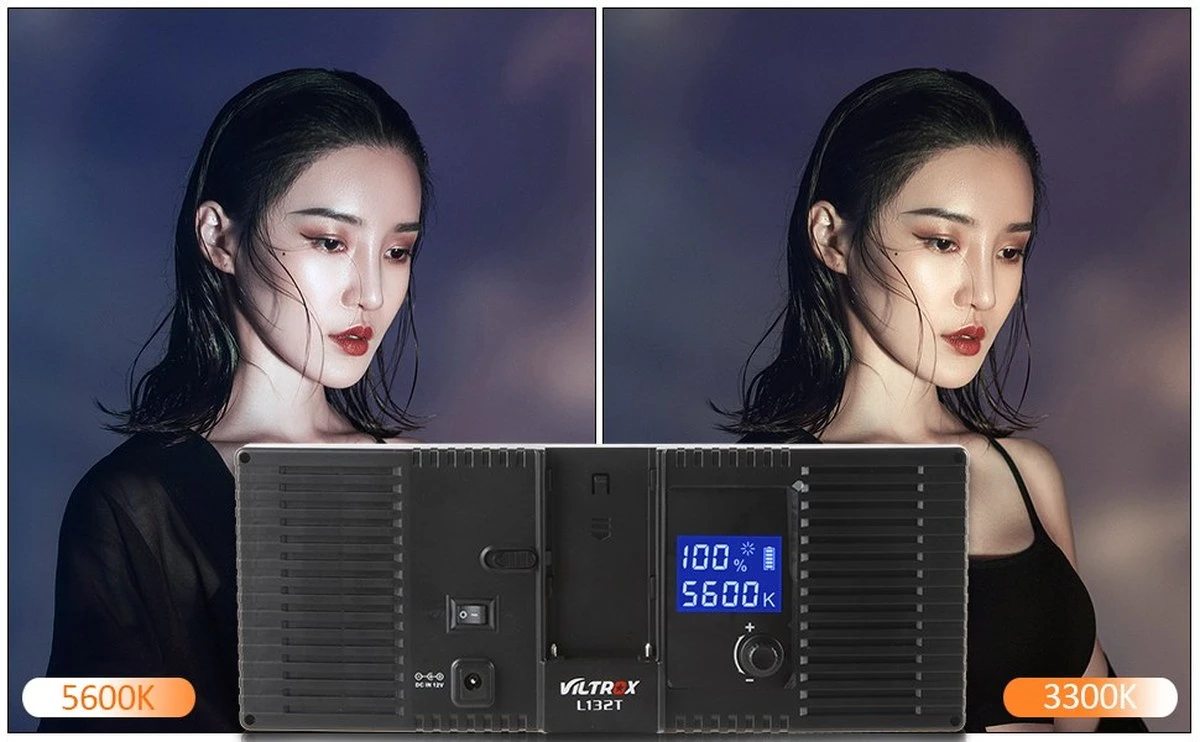 Панель Viltrox L132T з LCD-екраном на 100% і 5600K, поруч два портрети при 5600K і 3300K